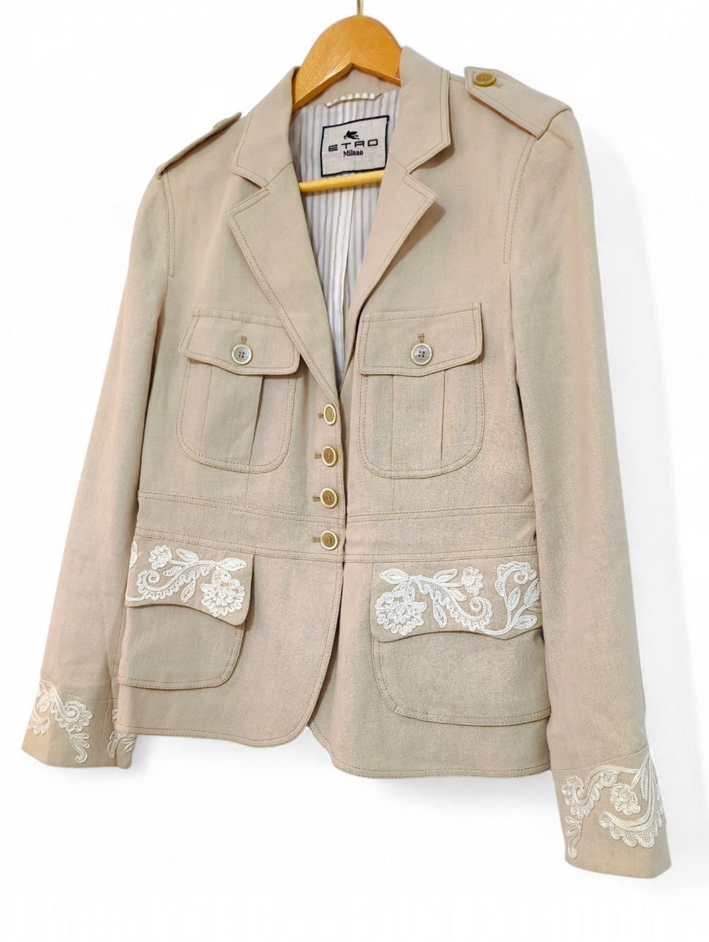 Etro Milano Embroidered Linen Blazer Beige Peplum Jacket IT 46 US 10 - Picture 5 of 10